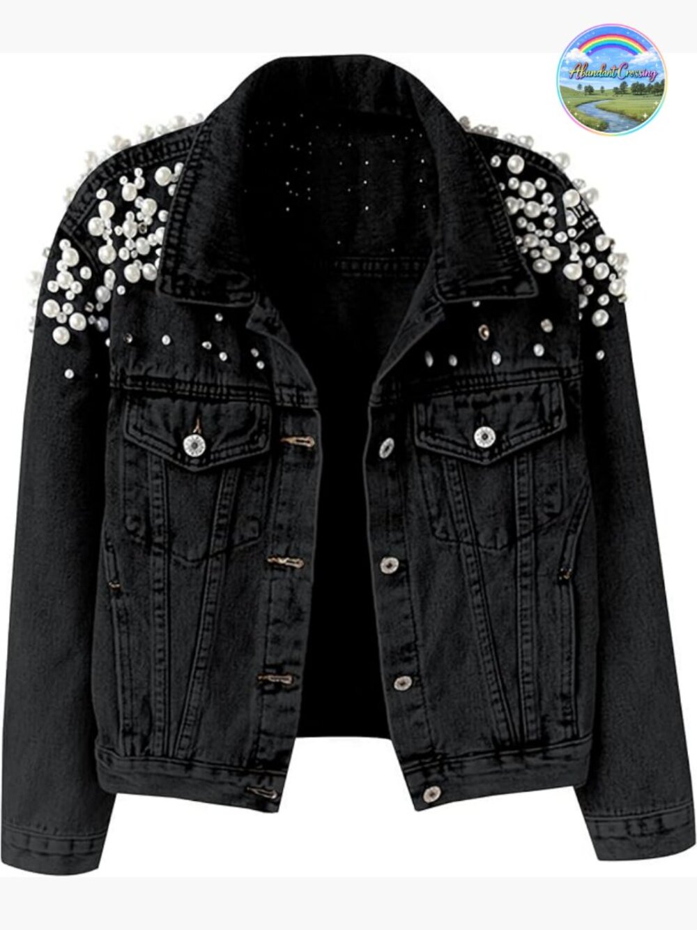 Oversized Cropped Embroidered Pearl Beading Denim Jacket Pearl Back Design Club